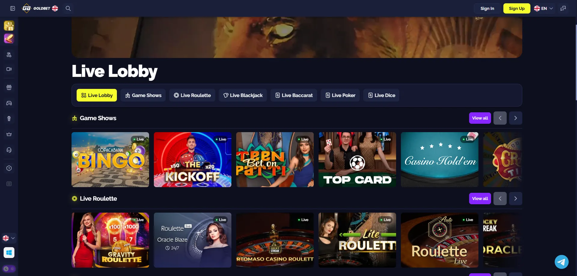 Goldbet Casino live dealer tables &mdash; roulette, blackjack and baccarat India